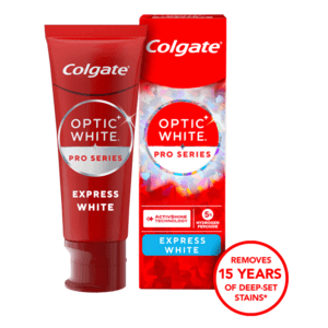 Colgate Optic White Pro Series toothpaste tube 3.0 oz in white and blue packaging with product name clearly visible.