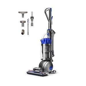 Silver and blue Dyson Ball Animal 2 Plus upright corded vacuum cleaner with ball technology base and tangle-free turbine tool attachment.