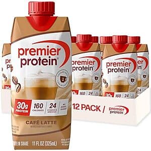 12-pack of 11-oz Premier Protein shake bottles in a cardboard case.