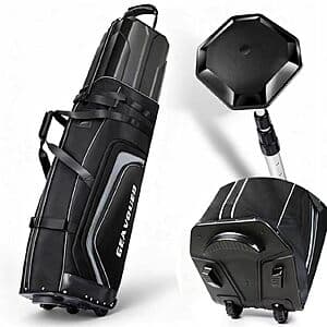 Black hard case golf club travel bag with heavy-duty wheels for convenient transport.