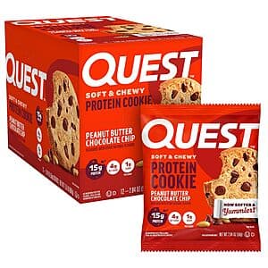 12-pack of Quest Nutrition Peanut Butter Chocolate Chip High Protein Cookies in branded packaging.