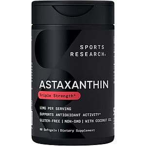 Bottle of Sports Research 12mg Triple Strength Astaxanthin Softgels, 60-count softgel capsules in clear packaging.
