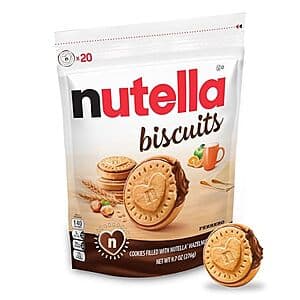 Nutella Biscuits 9.7-ounce package with brown and gold packaging featuring the Nutella branding.