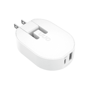 White dual-port wall charger with one USB-C port and one USB-A port for charging two devices simultaneously.