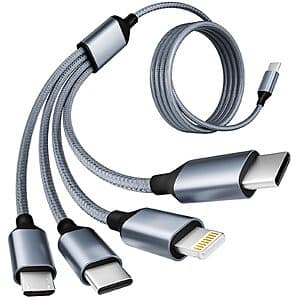 5' 4-in-1 Mpatiby USB-C Charging Cable w/ Dual USB-C, Lightning & Micro USB Ports $3.95