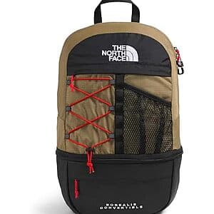 The North Face Borealis Convertible Pack in cedar and lava red colorway, showing the backpack with convertible straps fully extended.