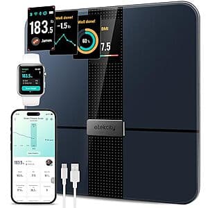 Black digital smart scale for measuring body weight, fat percentage, and BMI.