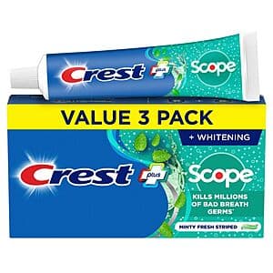 3-Pack 5.4-Oz Crest + Scope Whitening Toothpaste (Minty Fresh) $5.85 w/ Subscribe & Save