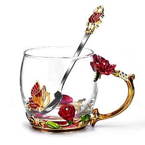 11.3-Oz OEAGO Floral Glass Tea Mug w/ 3D Rose Design, Butterfly & Enamel Spoon $5