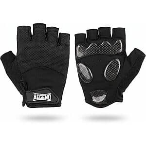 Black half-finger cycling gloves with padded palm and anti-slip grip design.