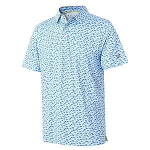 M MAELREG men's dry-fit golf polo shirt in UPF 30+ fabric, available in various colors and patterns, shown on a model in sizes S to 5XL.