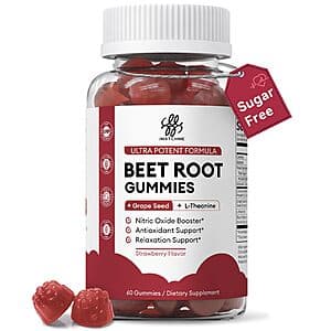 Bottle of iMATCHME Beet Root Gummies in strawberry flavor, 60-count, with beet root, grape seed, and L-Theanine formula.