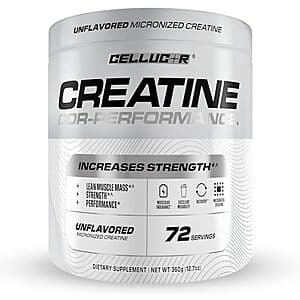 Cellucor Cor-Performance Creatine Powder 12.7 oz container in blue and white packaging with product branding.