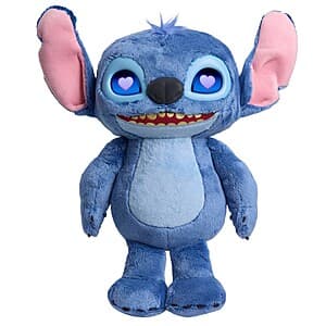 Lilo & Stitch Many Moods Stitch plush toy, 12.85 inches tall, featuring blue Stitch character with characteristic large ears and expression-changing face design.