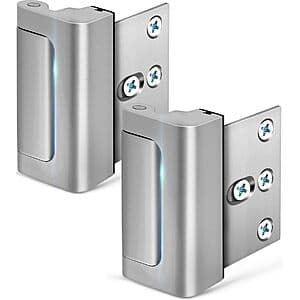 Two silver 3-inch door security reinforcement locks with mounting hardware for inward-swinging doors.