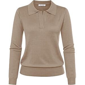 Women's long sleeve V-neck polo sweater top in a classic casual style suitable for fall and winter wear.