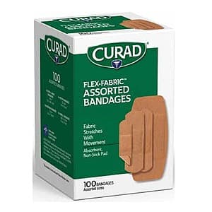 Box of CURAD Flex Fabric Assorted Size Bandages in 100-count package with assorted bandage sizes.