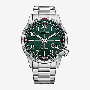Citizen Eco-Drive men's watch with 43 mm round stainless steel case and matching silver-tone stainless steel bracelet.