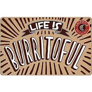 Chipotle $50 gift card with Chipotle branding on a digital or physical card representation.
