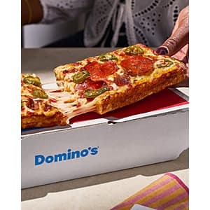 Domino's 3-topping Detroit Style Crust Personal Pizza with rectangular 10"x4" shape and toppings visible on the surface.