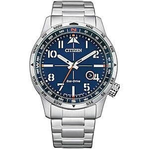 Citizen Eco-Drive Avion 43mm stainless steel watch with round face and date window.