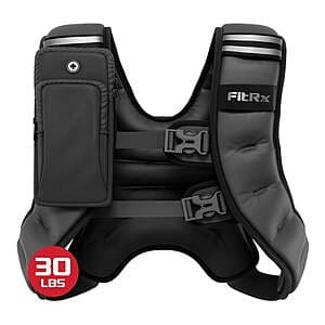 FitRx neoprene weighted vest in dark color with adjustable straps and optional storage pouch attachment, designed for fitness training.