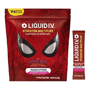 Box of Liquid I.V. Sugar-Free Electrolyte Drink with Spider-Man branding and Raspberry Lemonade flavour, 14-pack of individual powder packets.