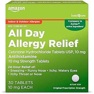 30-Ct Amazon Basic Care All Day Allergy Cetirizine Hydrochloride Tablets (10 mg) $1.80 w/ S&S