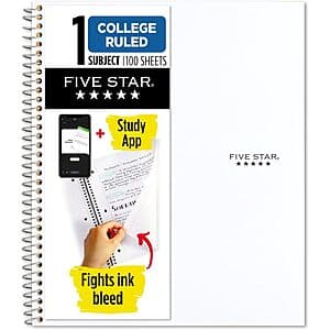 Five Star 1-Subject College Ruled Spiral Notebook (White, 100 Sheets) $2