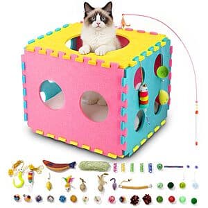 Prime Members: 17" MOYMO Cat Dice House w/ Soft Pillow & 41-Pcs Interactive Toys $18.90 + Free S&H