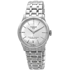 Tissot Chemin Des Tourelles ladies automatic watch with 34mm stainless steel case and silver dial.