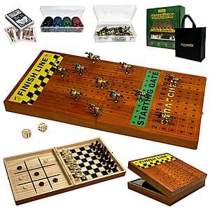 YouNing foldable wooden 4-in-1 board game set with metal horses, poker chips, and interchangeable boards for horse racing, chess, checkers, and tic-tac-toe.