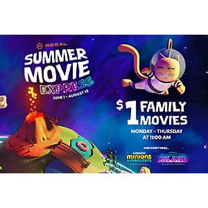 Regal Cinemas: Select 11AM Family Movie Showings (Monday - Thursday) $1 (June 1 through August 13)
