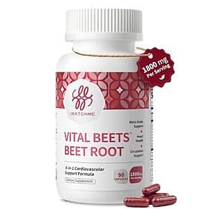 Bottle of iMATCHME Vital Beets 1800mg beet root capsules, 90-count.