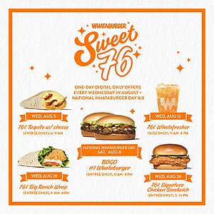 Whataburger menu items including a taquito with cheese, Whatafresher drink, Big Ranch Wrap, and Signature Chicken Sandwich arranged together.