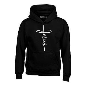 Black unisex pullover hoodie with Jesus Cross design graphic on the front.