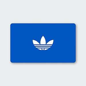 Adidas $50 gift card with red, white, and black branding on a promotional display.