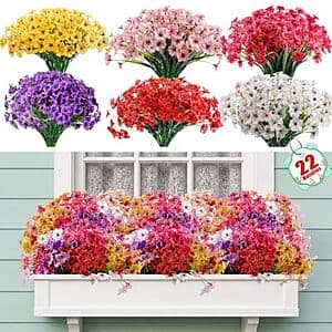 22-bundle of multi-color artificial silk flowers suitable for indoor and outdoor use in various arrangements.