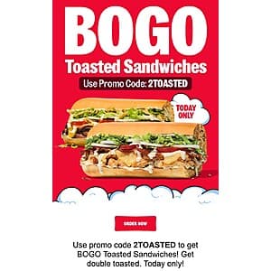 Jimmy John's: Toasted Sandwiches Buy 1 Get 1 Free (valid 4/15/26 only)