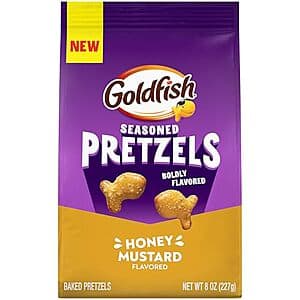 Three 8-ounce bags of Goldfish Seasoned Pretzels in Honey Mustard flavour with red and gold branding.