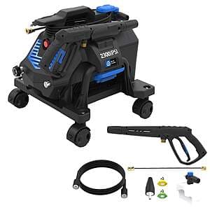 AR pressure washer with 2300 PSI rating, featuring a portable wheelbase platform and compact design suitable for outdoor use.