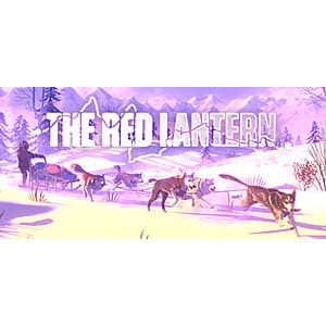 Pixel art illustration of a musher with a team of sled dogs in a snowy Alaskan wilderness landscape.