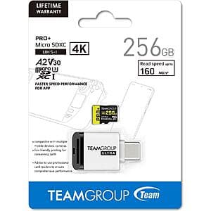256GB TeamGroup Pro+ A2 V30 UHS-I/U3 microSDXC Memory Card w/ Card Reader $15 + Free Shipping