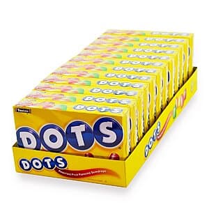 12 individually wrapped DOTS Original gummy candy theater boxes in assorted classic flavors including cherry, lime, orange, lemon, and strawberry.