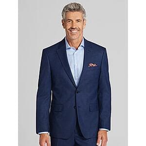 Clearance sale display of men's formal wear including suits, sport coats, dress shirts, and pants on mannequins or folded in various colors.