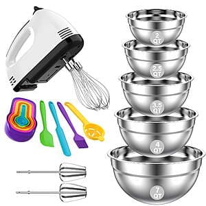 TINANA 7-Speed Electric Hand Mixer & 5-Pc Mixing Bowls Set w/ Accessories $26