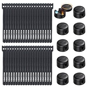 Black 50-piece cable management kit with 10 rotating magnetic clips and 40 reusable cable ties.