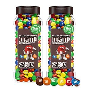 Two resealable jars filled with M&M's milk chocolate candies in various colors, each jar 25.5 ounces.