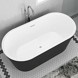 One-piece marine-grade acrylic freestanding bathtub in high-gloss white with built-in chrome overflow, polished chrome faucet and handsprayer included.