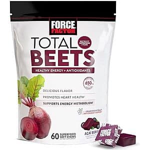 Bottle of Force Factor Total Beets soft chews, 60-count heart health supplement.